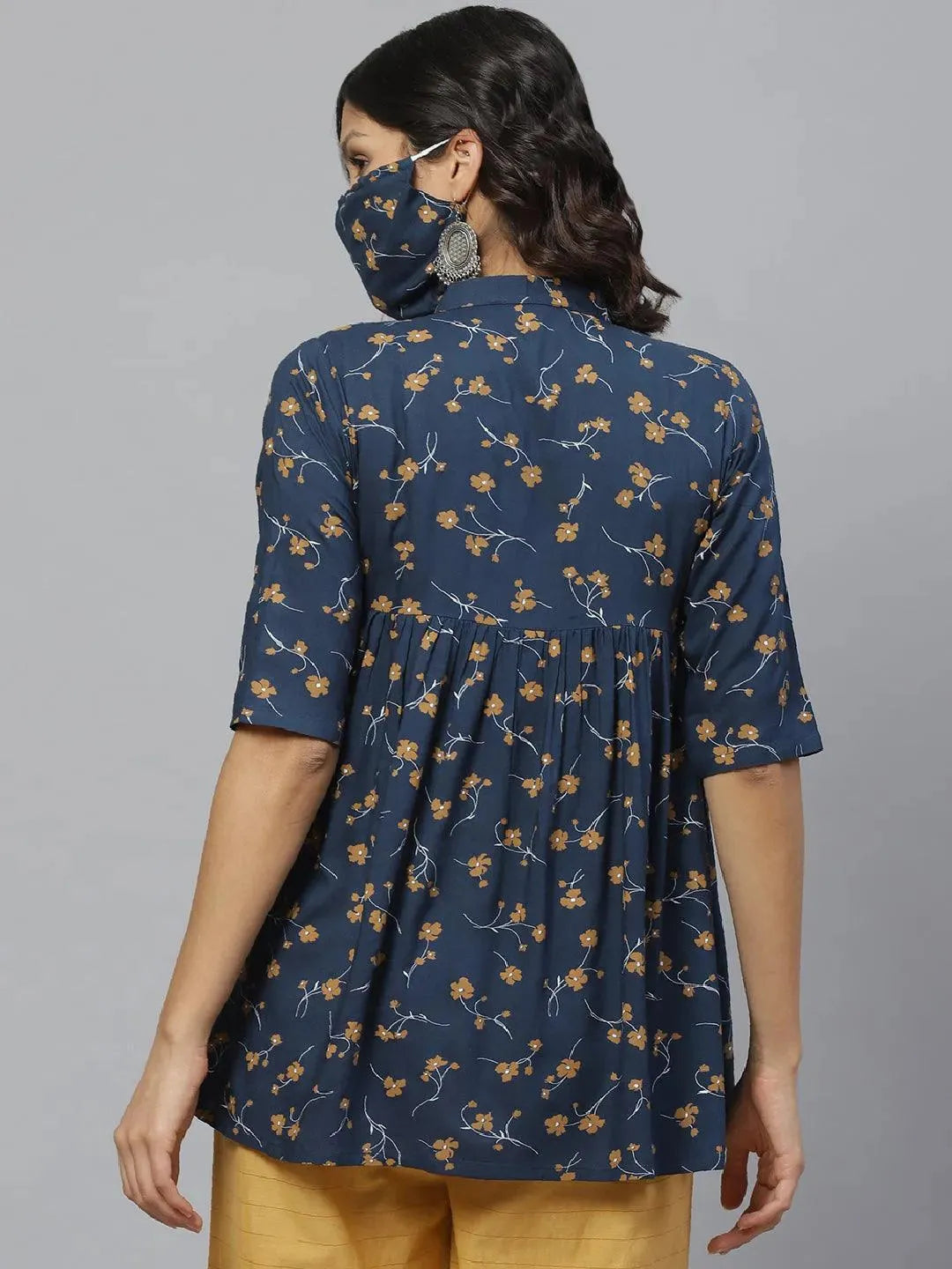 Libas Blue Printed Rayon Kurti With Mask