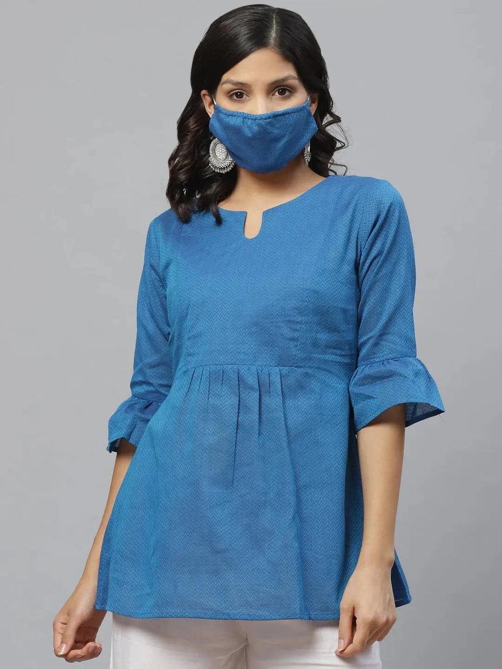 Libas Blue Self Design Cotton Kurti With Mask