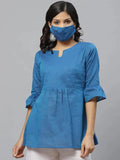 Libas Blue Self Design Cotton Kurti With Mask