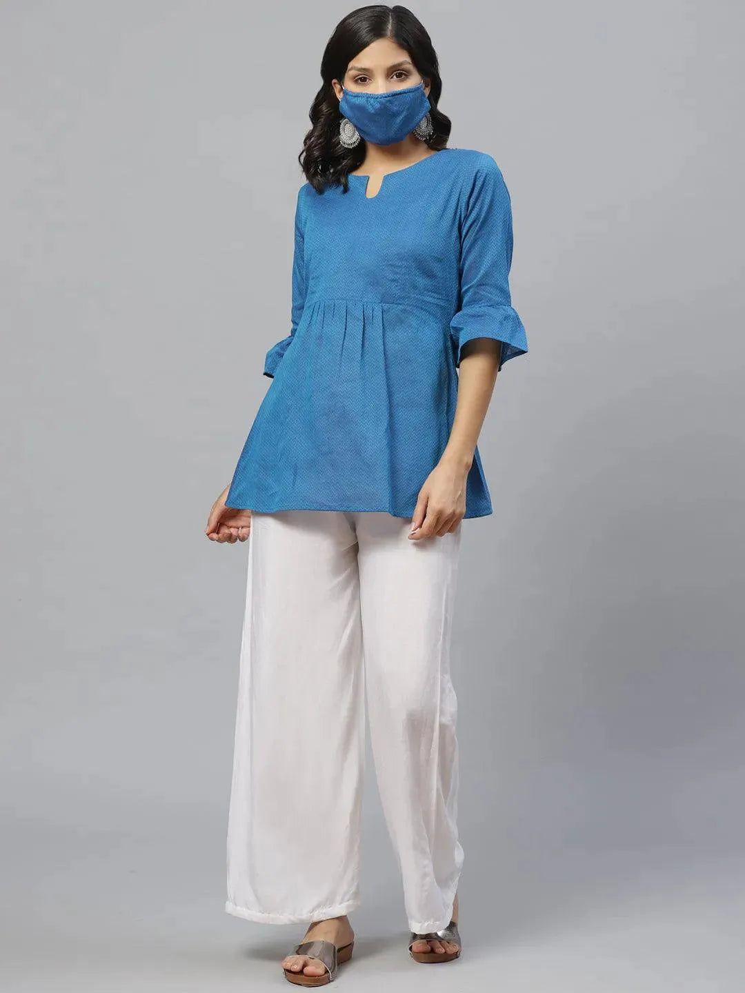 Libas Blue Self Design Cotton Kurti With Mask