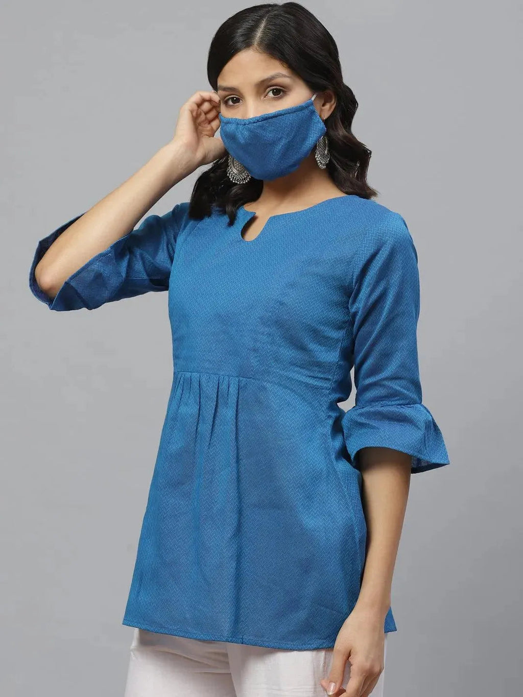 Libas Blue Self Design Cotton Kurti With Mask