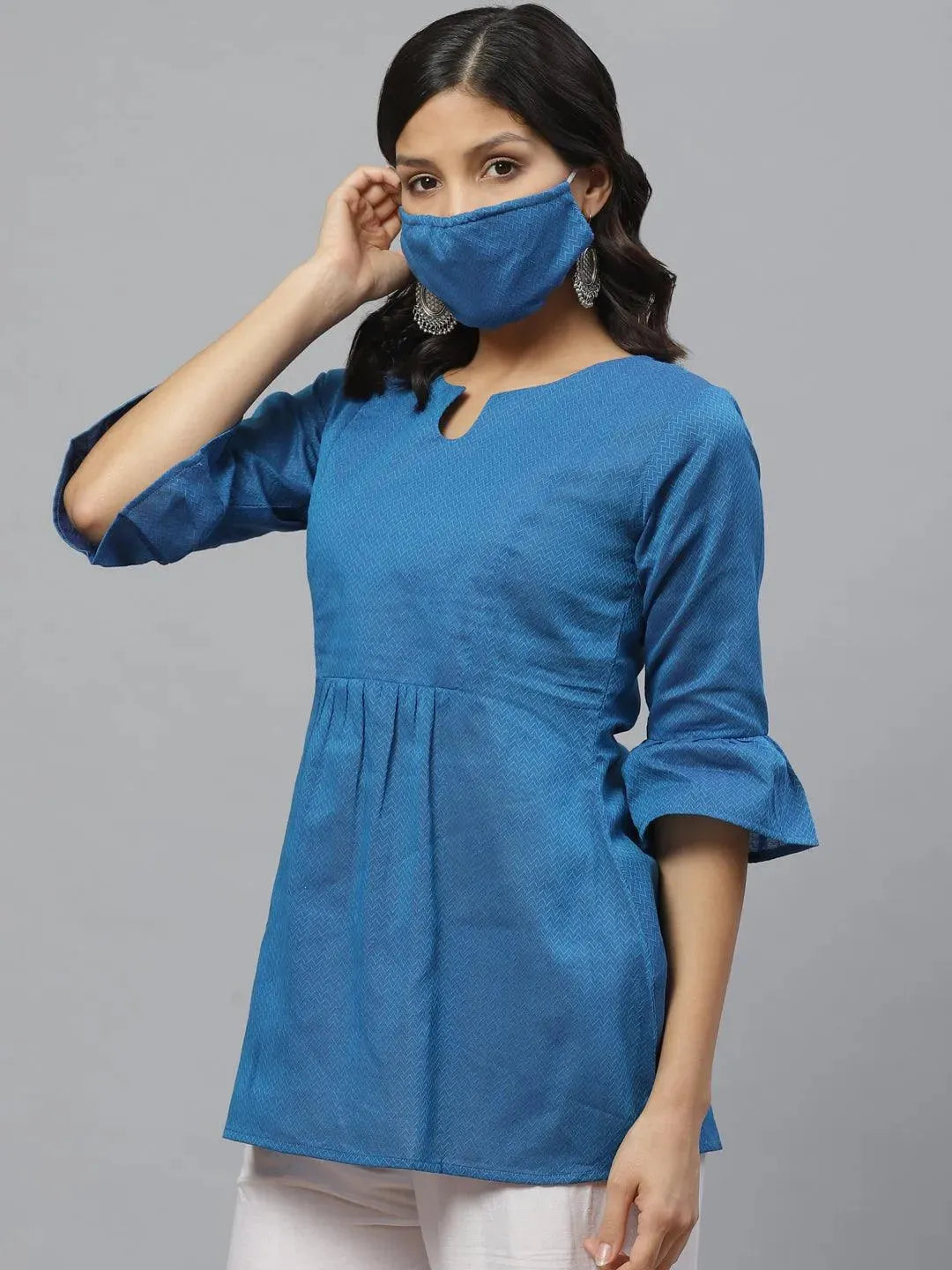 Libas Blue Self Design Cotton Kurti With Mask