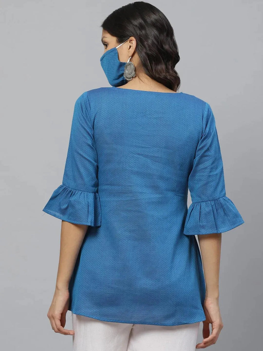 Libas Blue Self Design Cotton Kurti With Mask