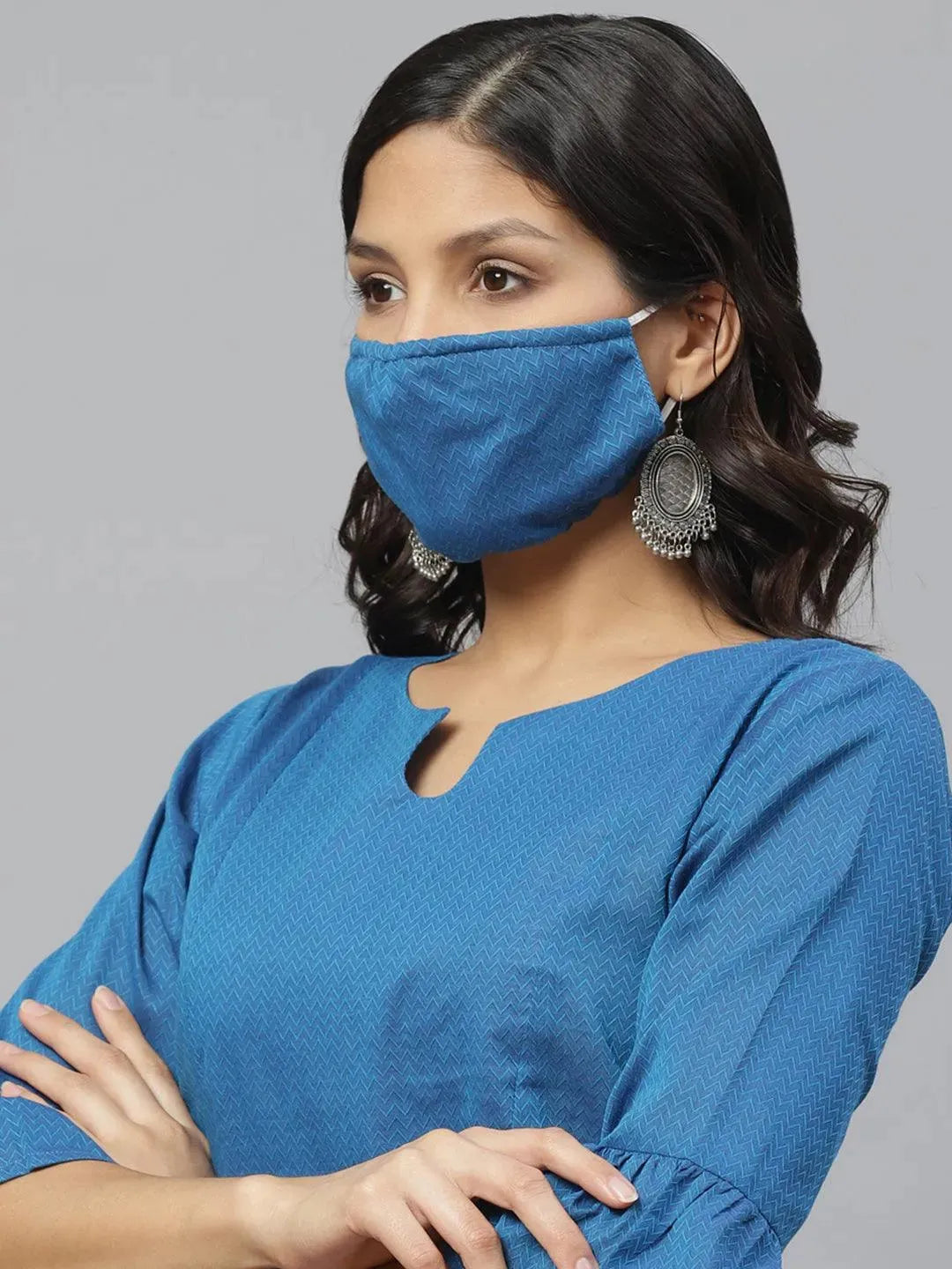 Libas Blue Self Design Cotton Kurti With Mask