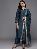Gerua Blue Solid Silk Blend Straight Suit With Dupatta