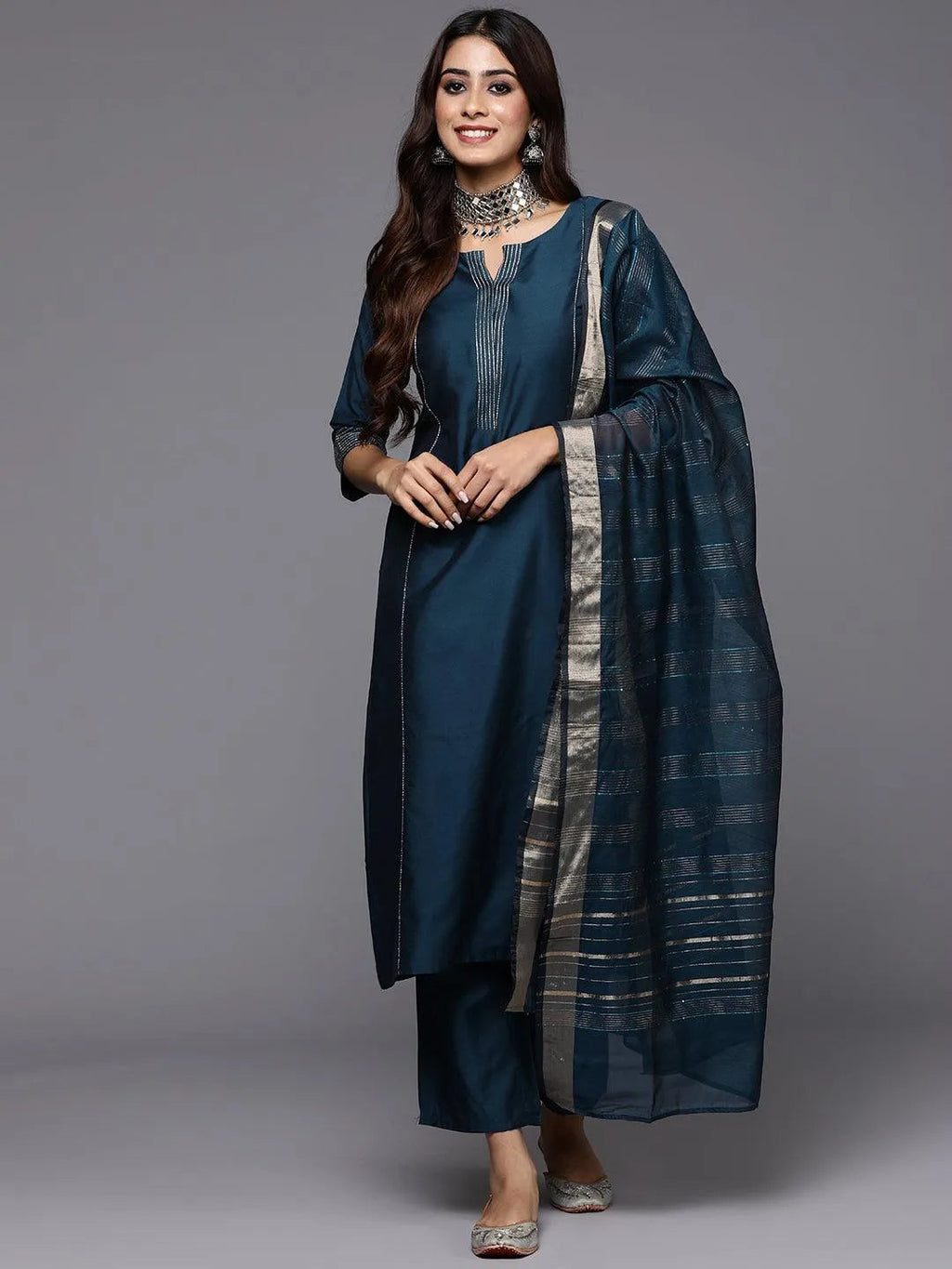 Gerua Blue Solid Silk Blend Straight Suit With Dupatta