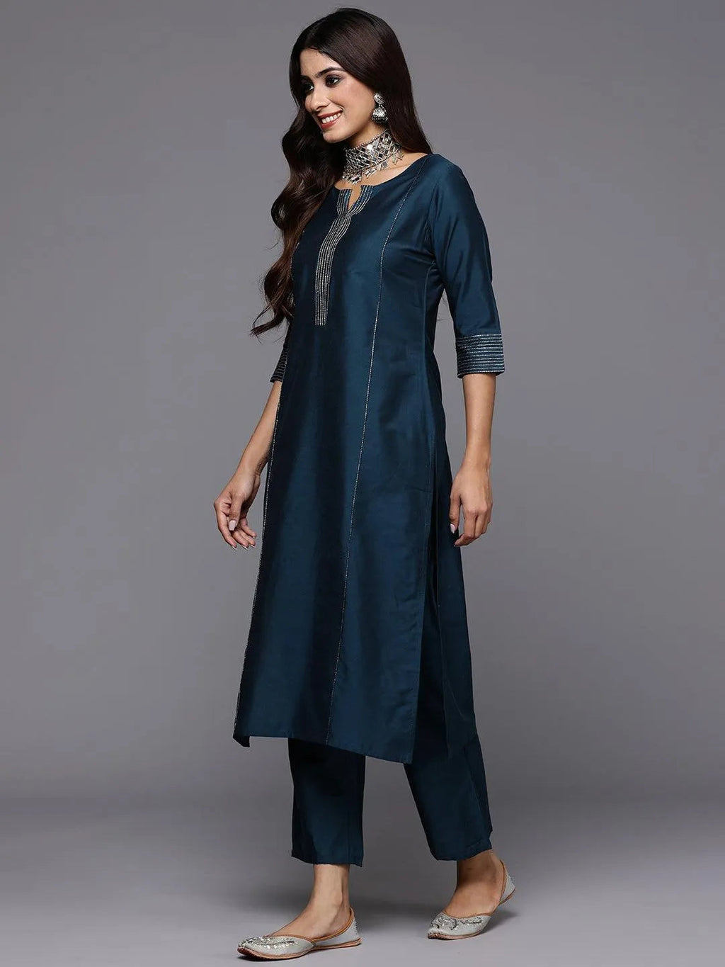 Gerua Blue Solid Silk Blend Straight Suit With Dupatta