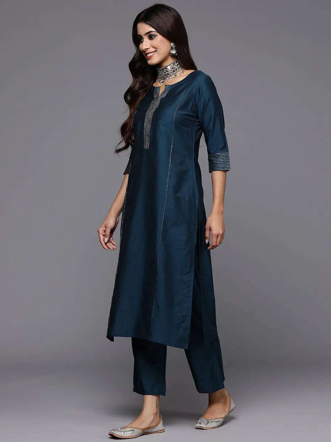 Gerua Blue Solid Silk Blend Straight Suit With Dupatta
