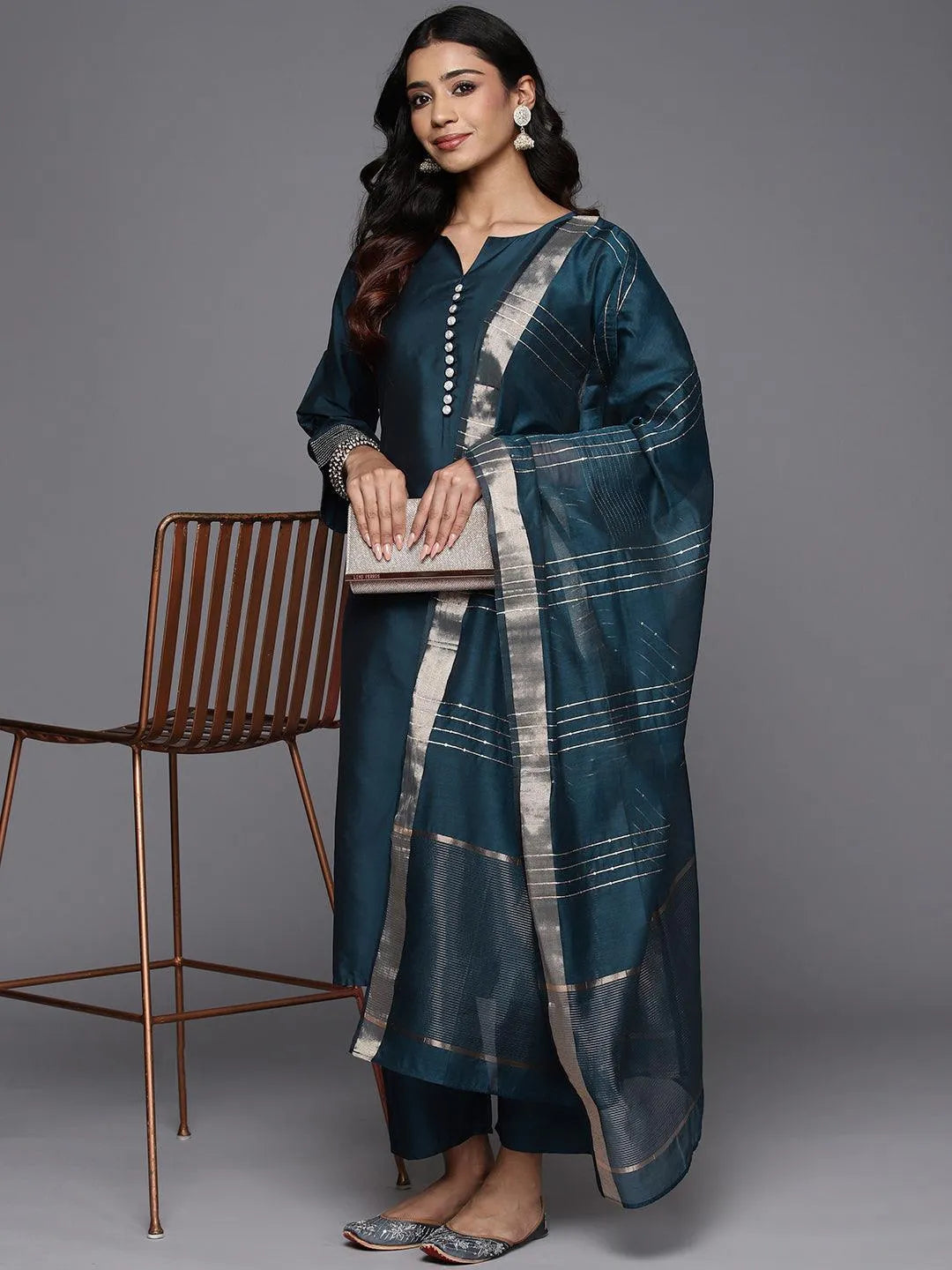 Gerua Blue Solid Silk Blend Straight Suit With Dupatta