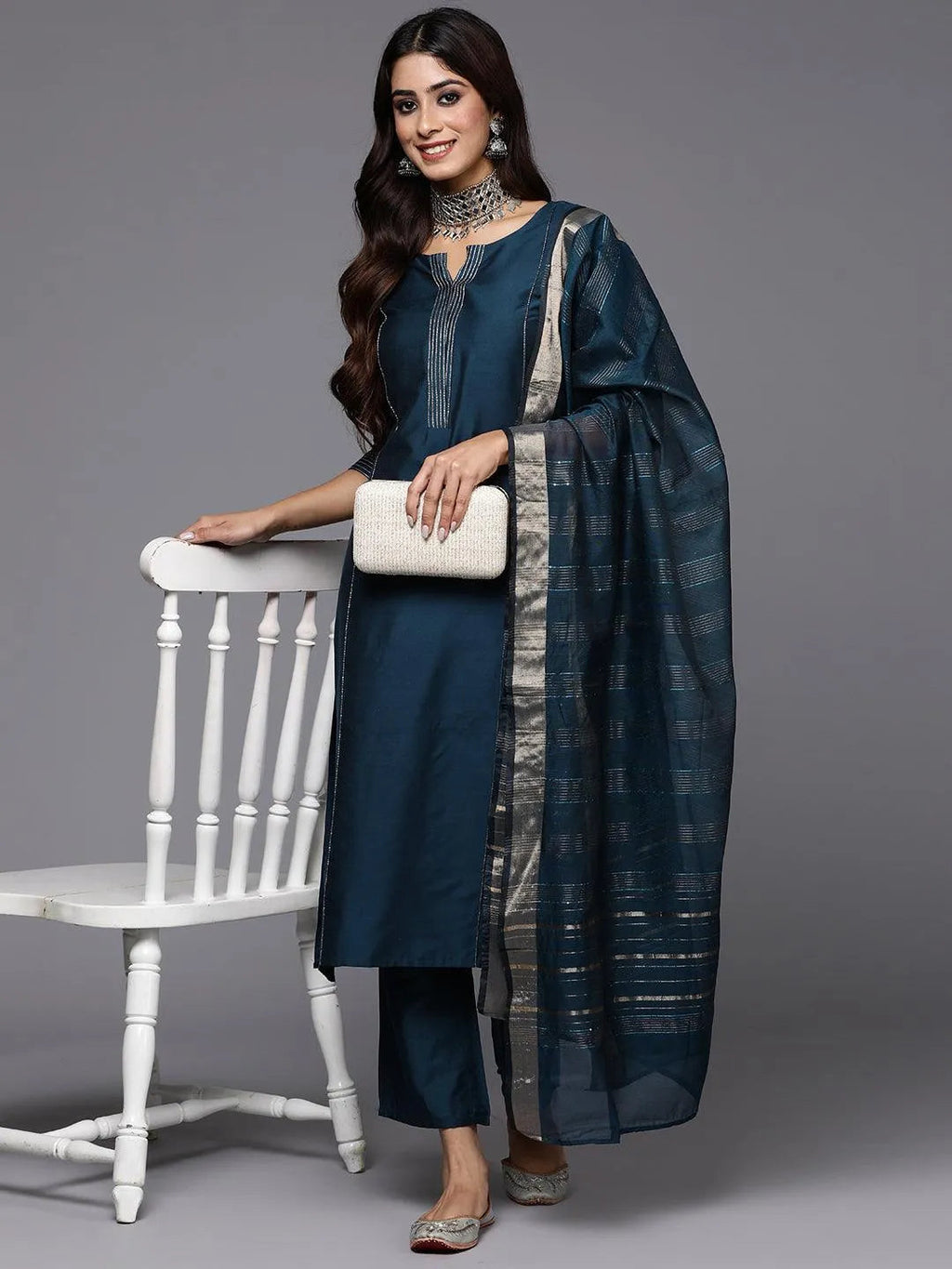 Gerua Blue Solid Silk Blend Straight Suit With Dupatta