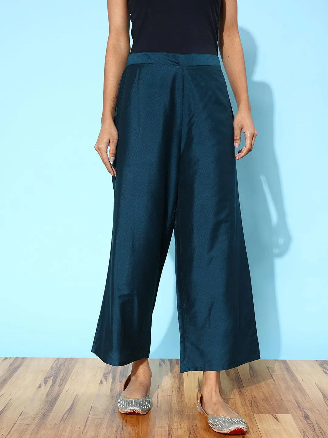 Libas Blue Solid Silk Palazzos
