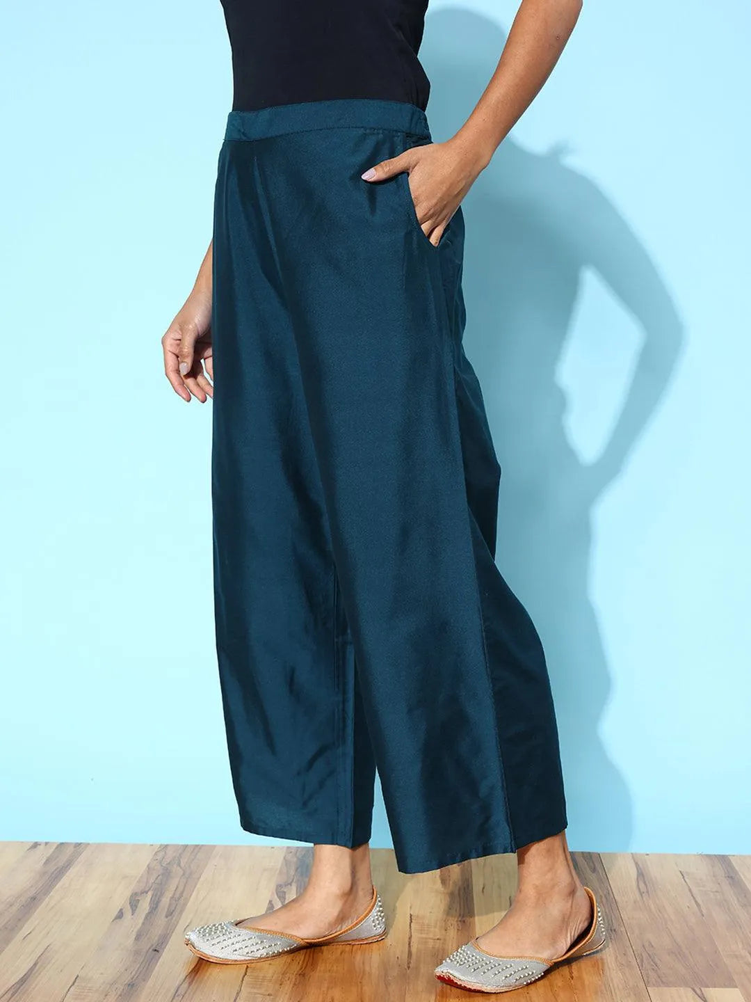 Libas Blue Solid Silk Palazzos