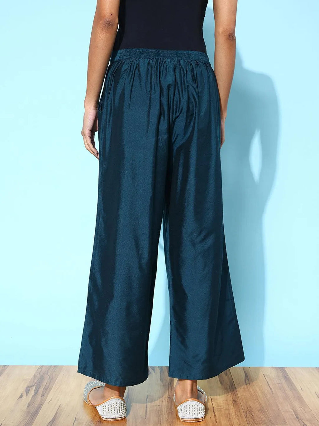 Libas Blue Solid Silk Palazzos