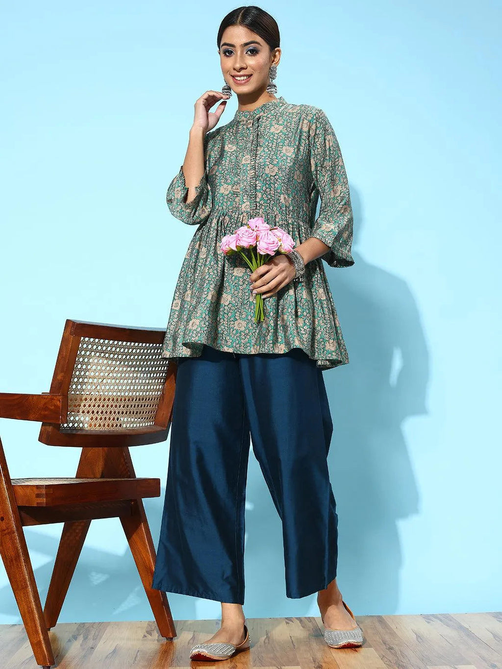 Libas Blue Solid Silk Palazzos