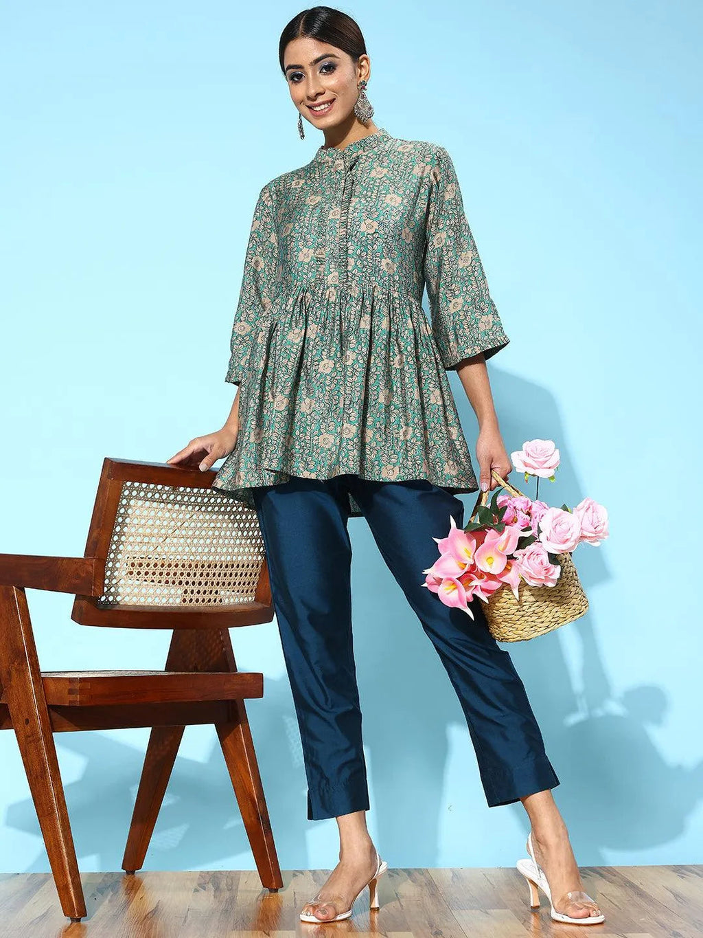 Libas Blue Solid Silk Trousers