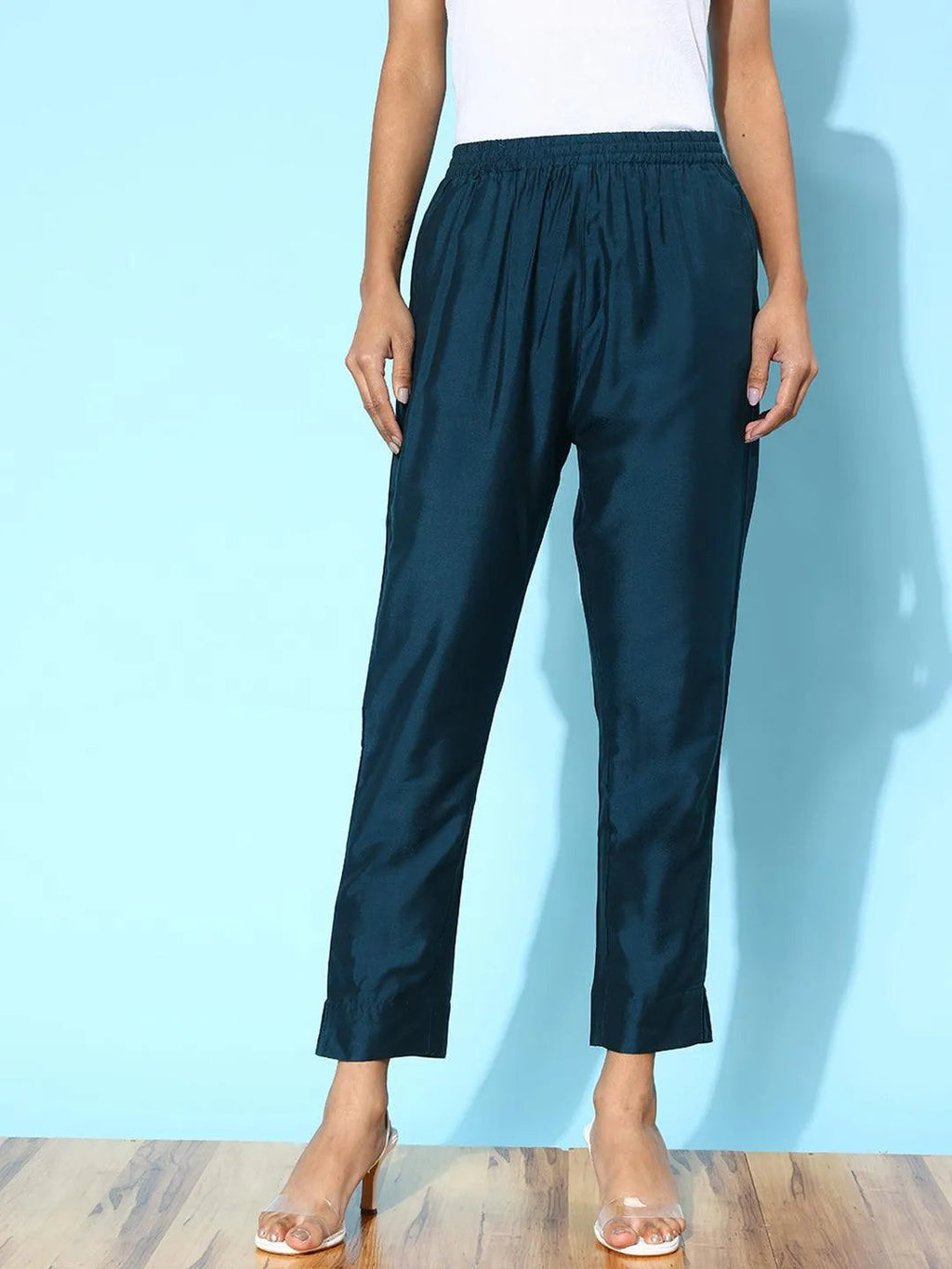 Libas Blue Solid Silk Trousers