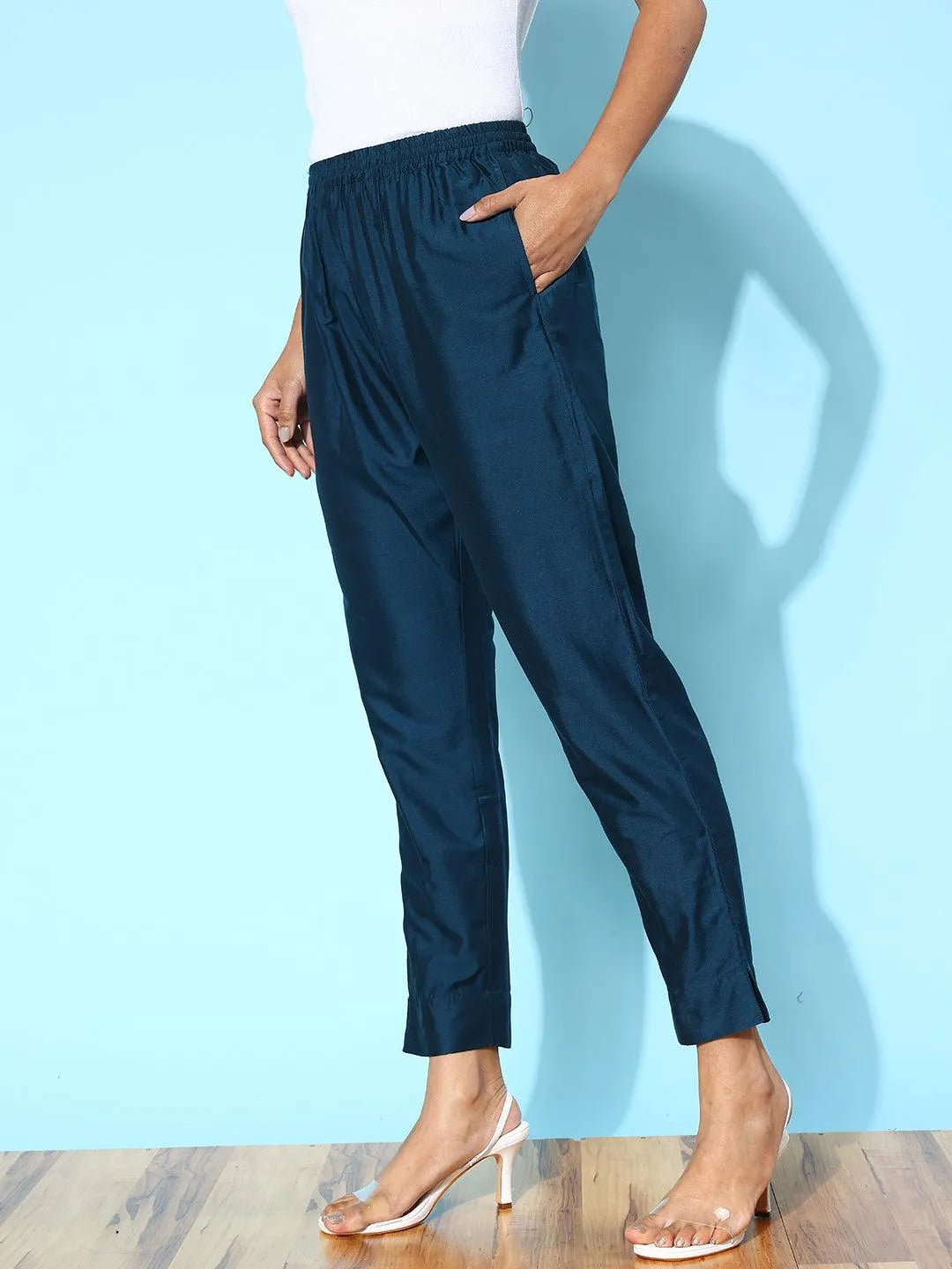 Libas Blue Solid Silk Trousers