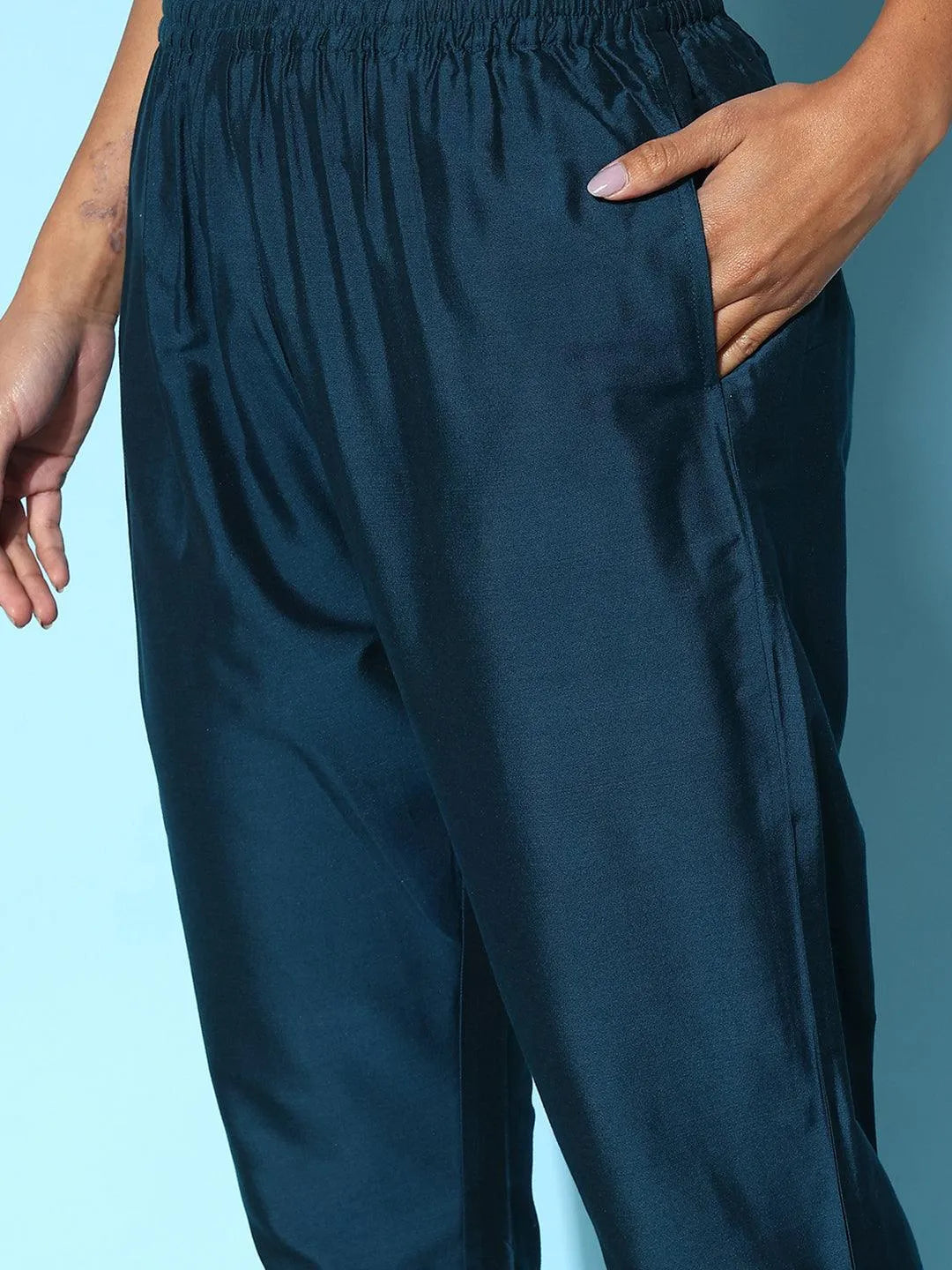 Libas Blue Solid Silk Trousers
