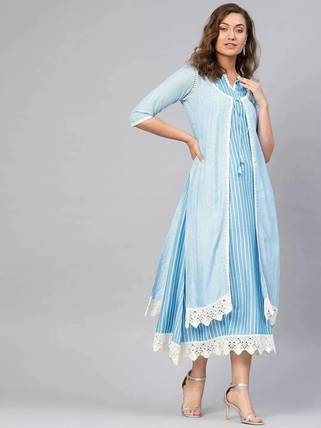 Libas Blue Striped Cotton Dress With Jacket
