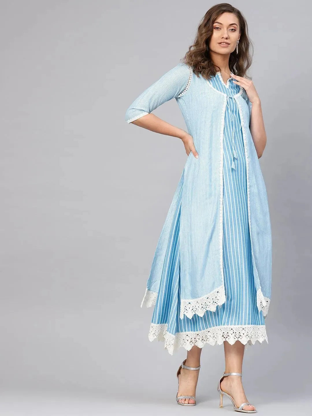 Libas Blue Striped Cotton Dress With Jacket