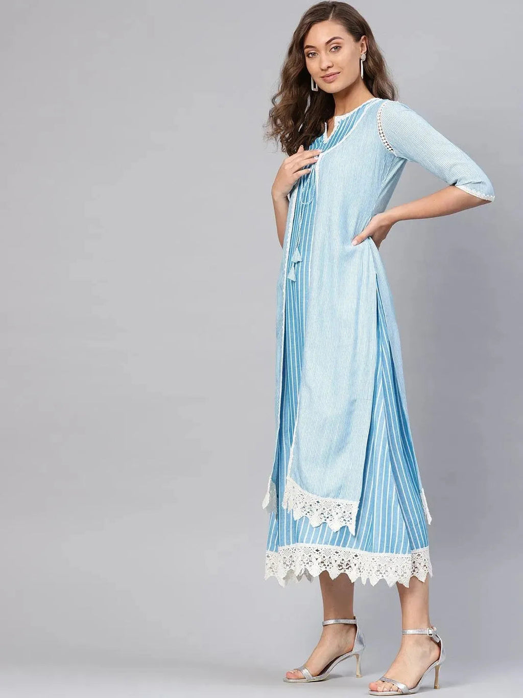 Libas Blue Striped Cotton Dress With Jacket