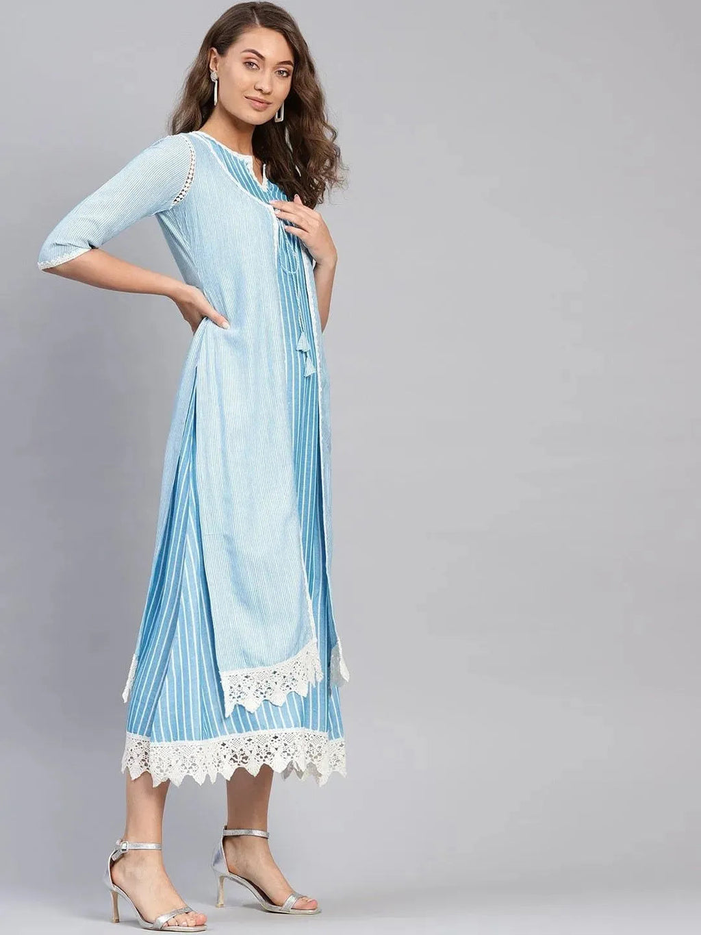 Libas Blue Striped Cotton Dress With Jacket