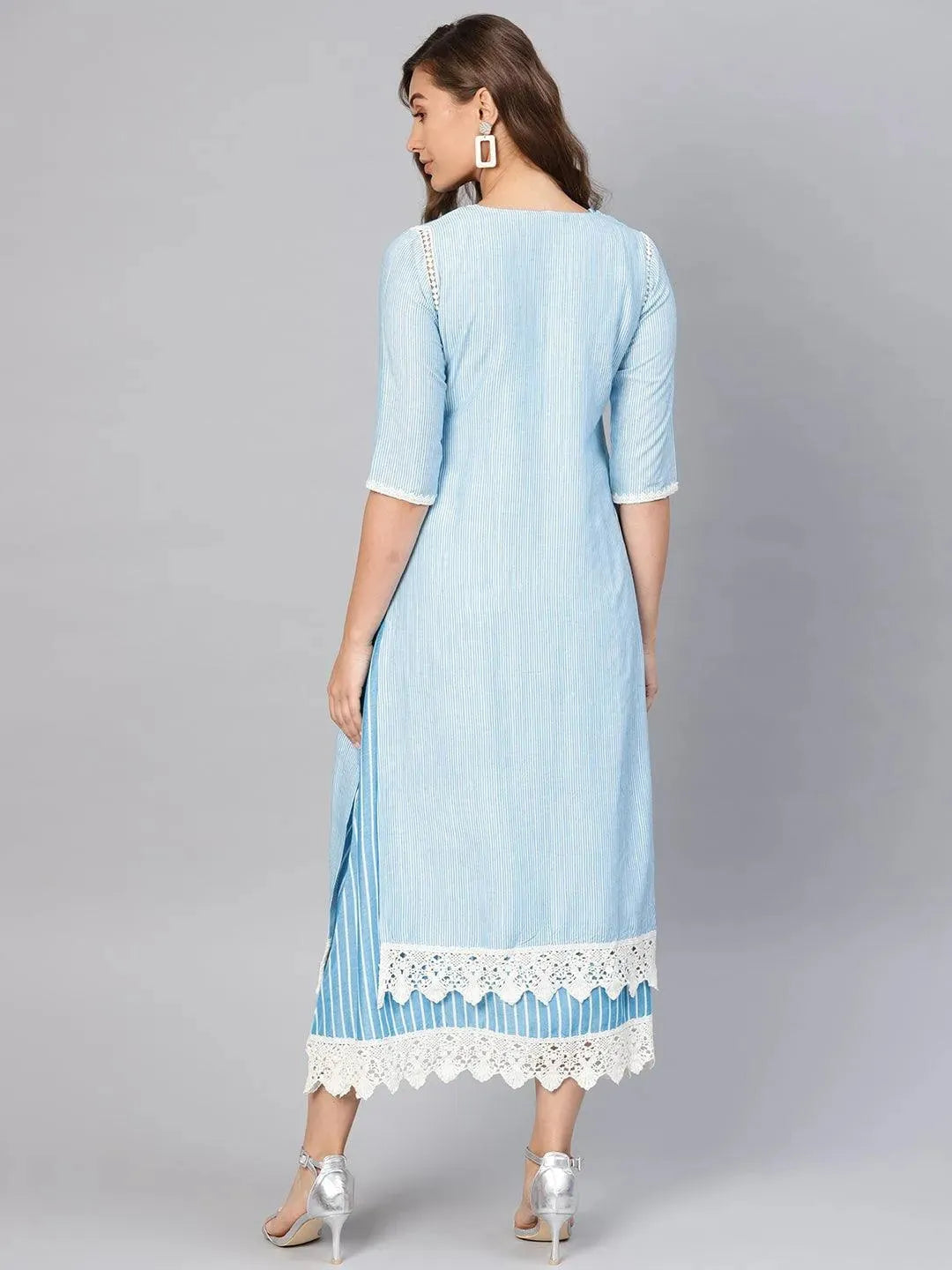 Libas Blue Striped Cotton Dress With Jacket