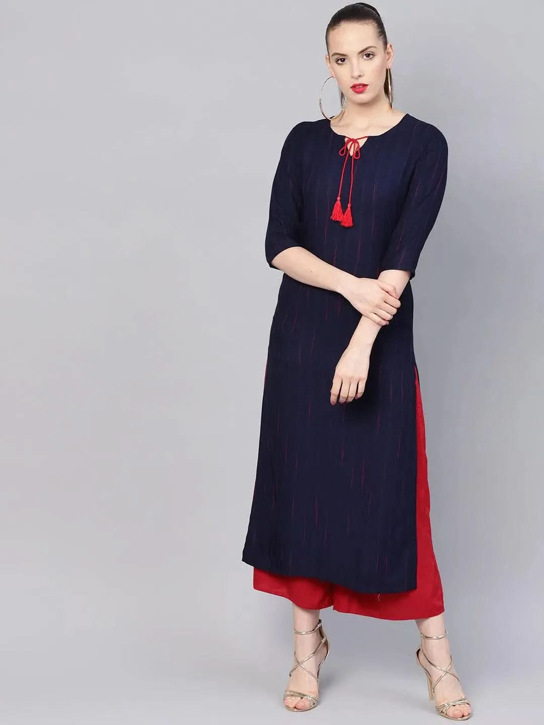 Libas Blue Striped Rayon Kurta