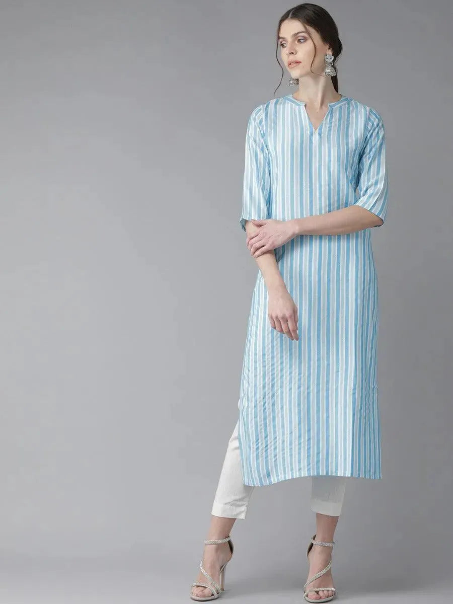 Libas Blue Striped Rayon Kurta
