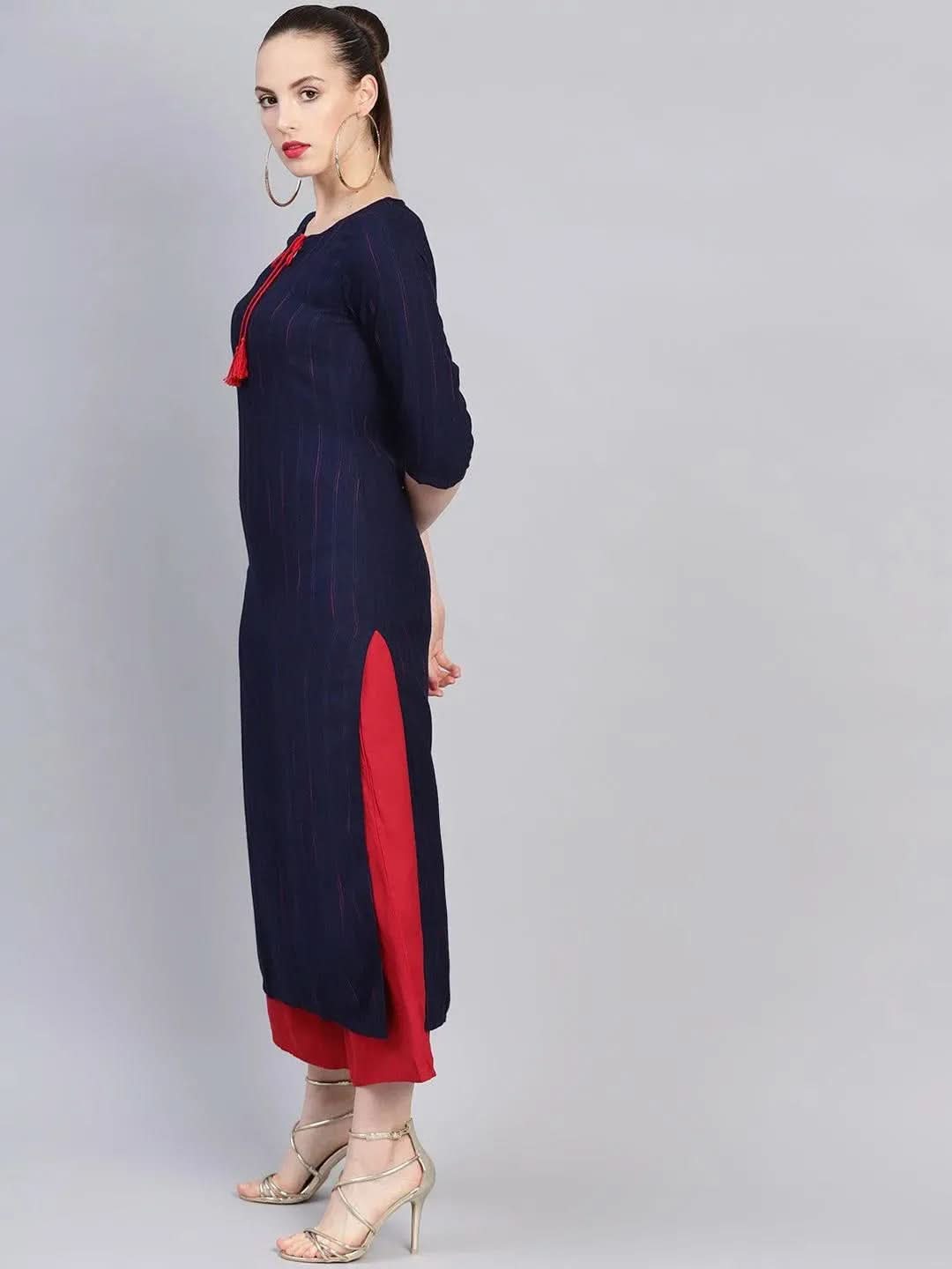 Libas Blue Striped Rayon Kurta