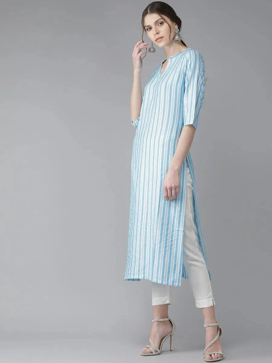 Libas Blue Striped Rayon Kurta