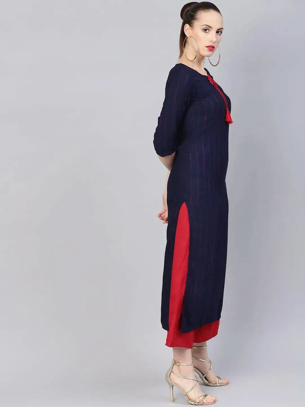 Libas Blue Striped Rayon Kurta