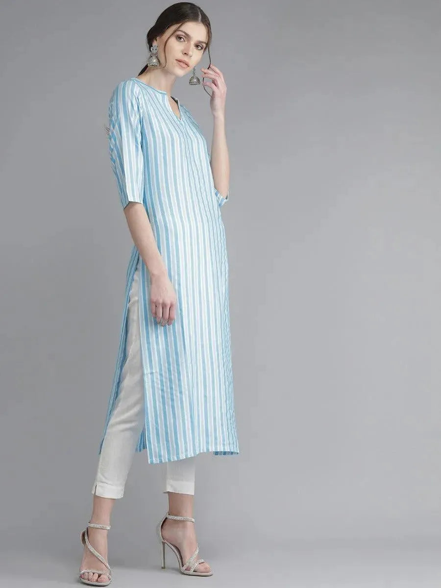 Libas Blue Striped Rayon Kurta