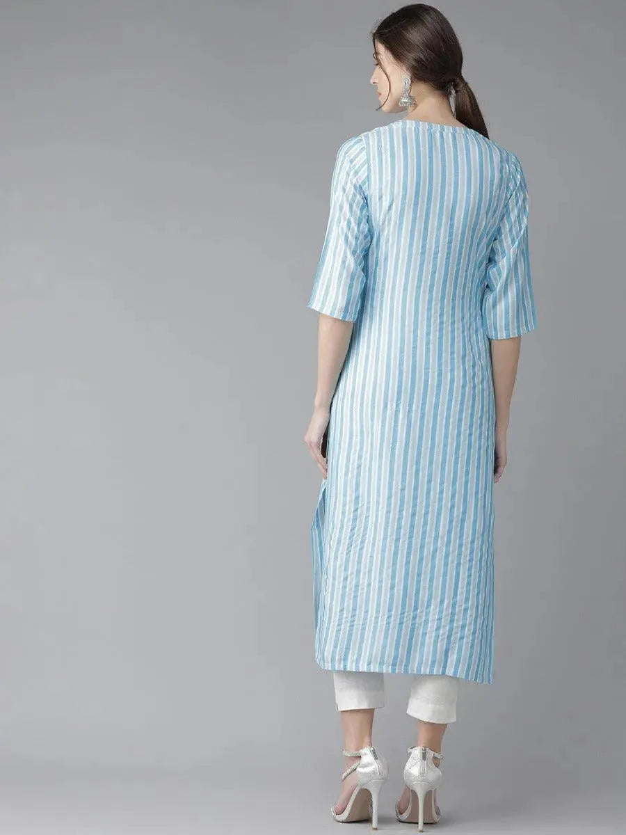 Libas Blue Striped Rayon Kurta