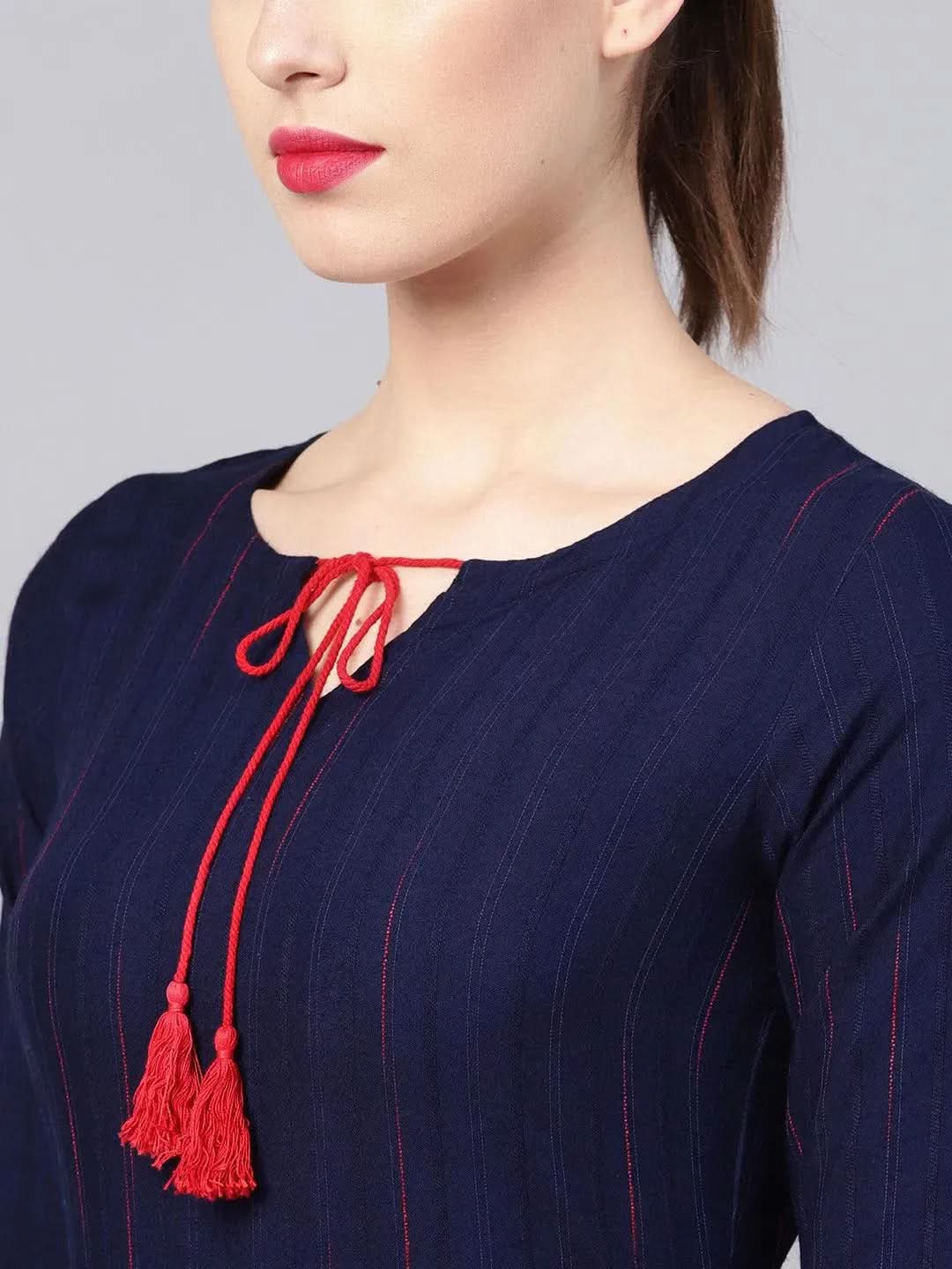 Libas Blue Striped Rayon Kurta