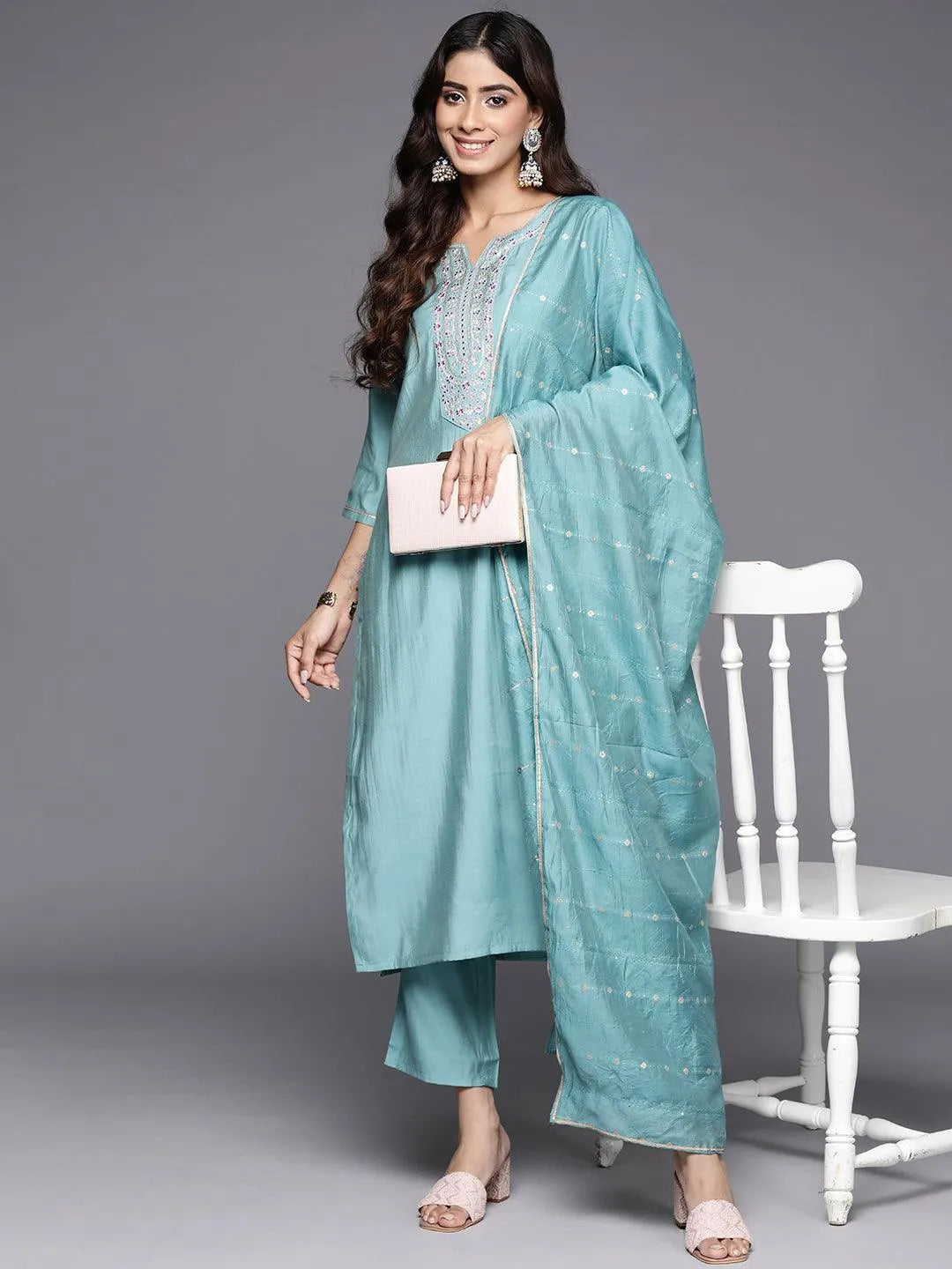 Gerua Blue Yoke Design Silk Blend Straight Suit With Dupatta