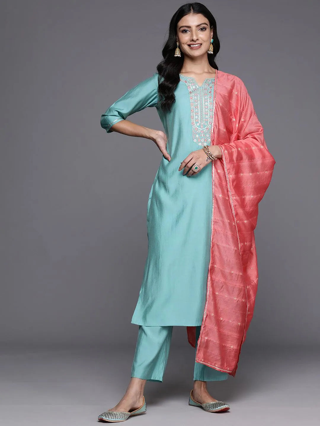 Gerua Blue Yoke Design Silk Blend Straight Suit With Dupatta