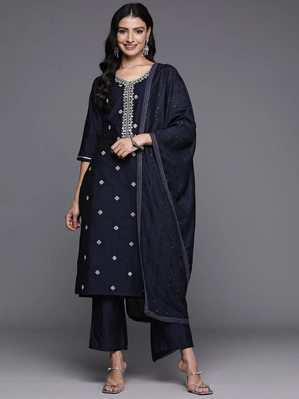 Gerua Blue Yoke Design Silk Blend Straight Suit With Dupatta