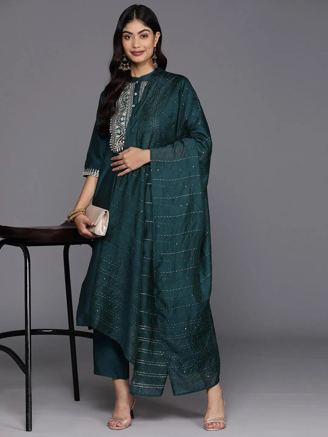Gerua Blue Yoke Design Silk Blend Straight Suit With Dupatta