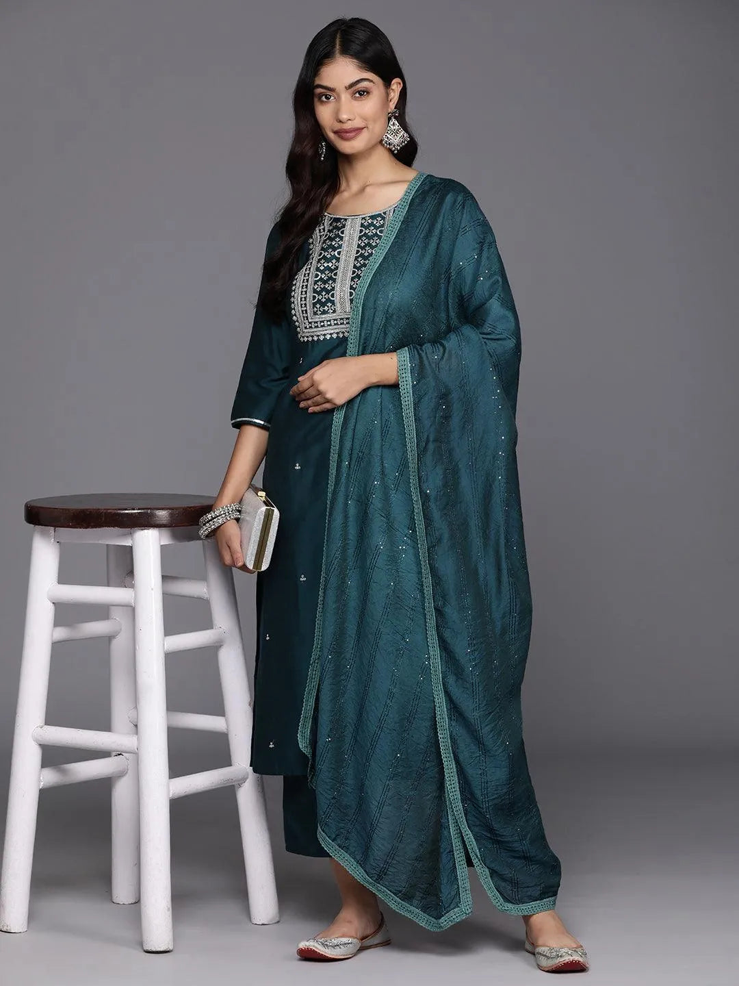 Gerua Blue Yoke Design Silk Blend Straight Suit With Dupatta