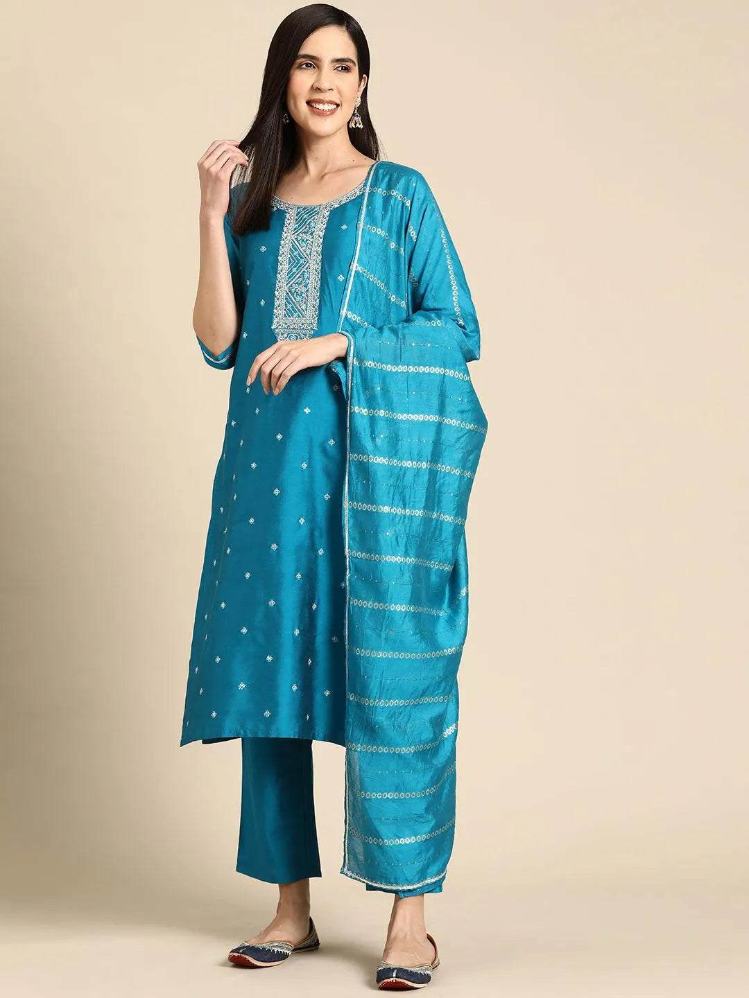 Gerua Blue Yoke Design Silk Blend Straight Suit With Dupatta