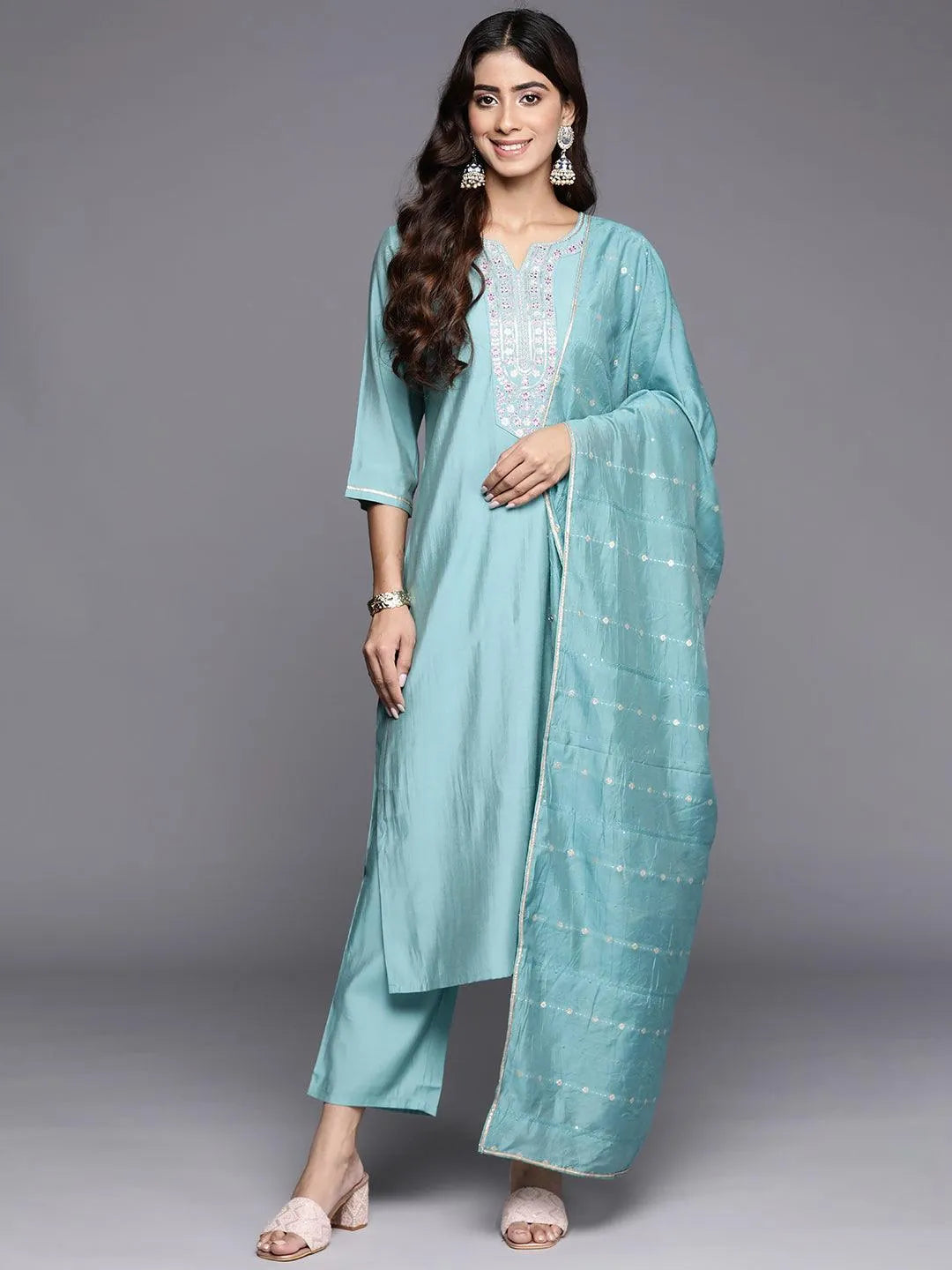 Gerua Blue Yoke Design Silk Blend Straight Suit With Dupatta