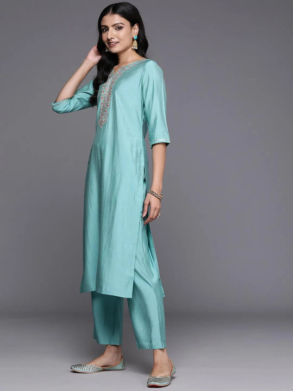 Gerua Blue Yoke Design Silk Blend Straight Suit With Dupatta