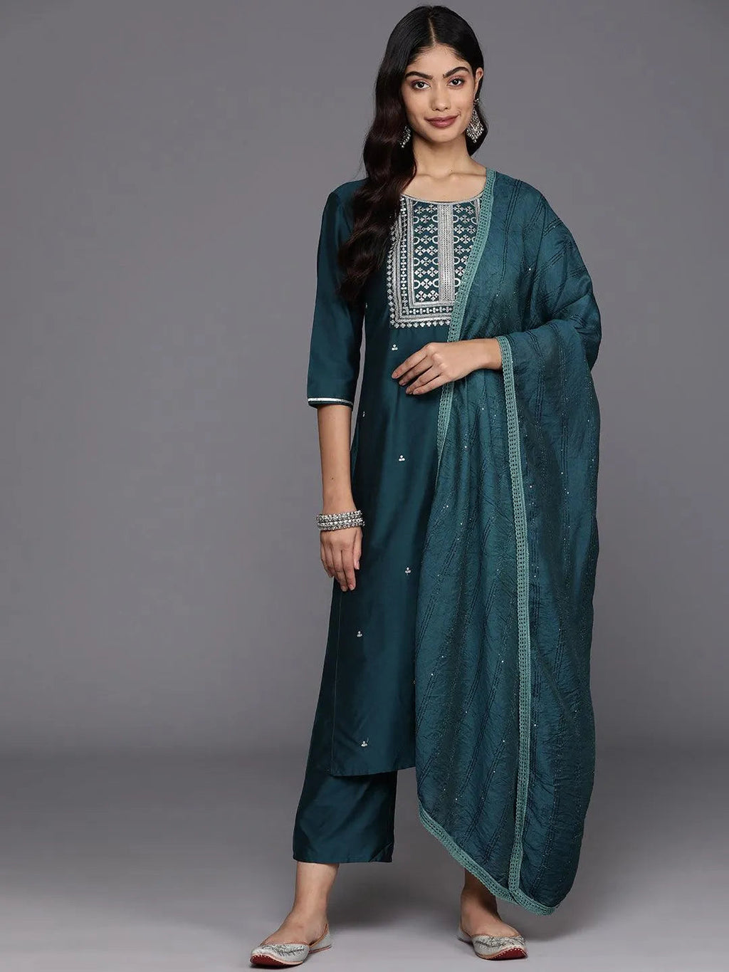 Gerua Blue Yoke Design Silk Blend Straight Suit With Dupatta