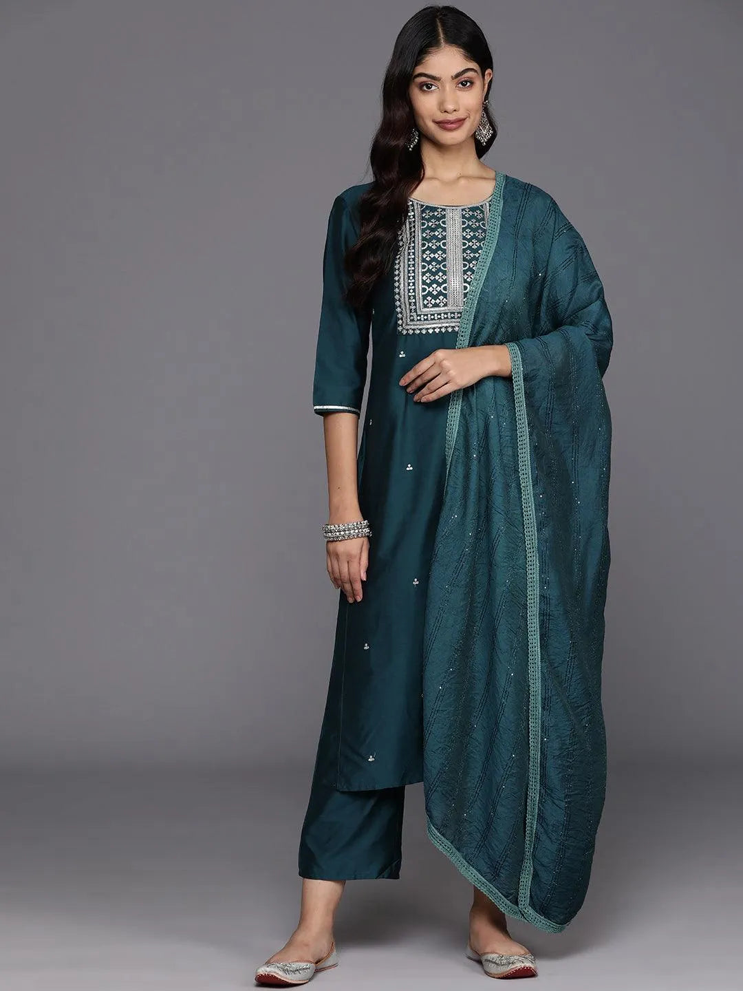 Gerua Blue Yoke Design Silk Blend Straight Suit With Dupatta