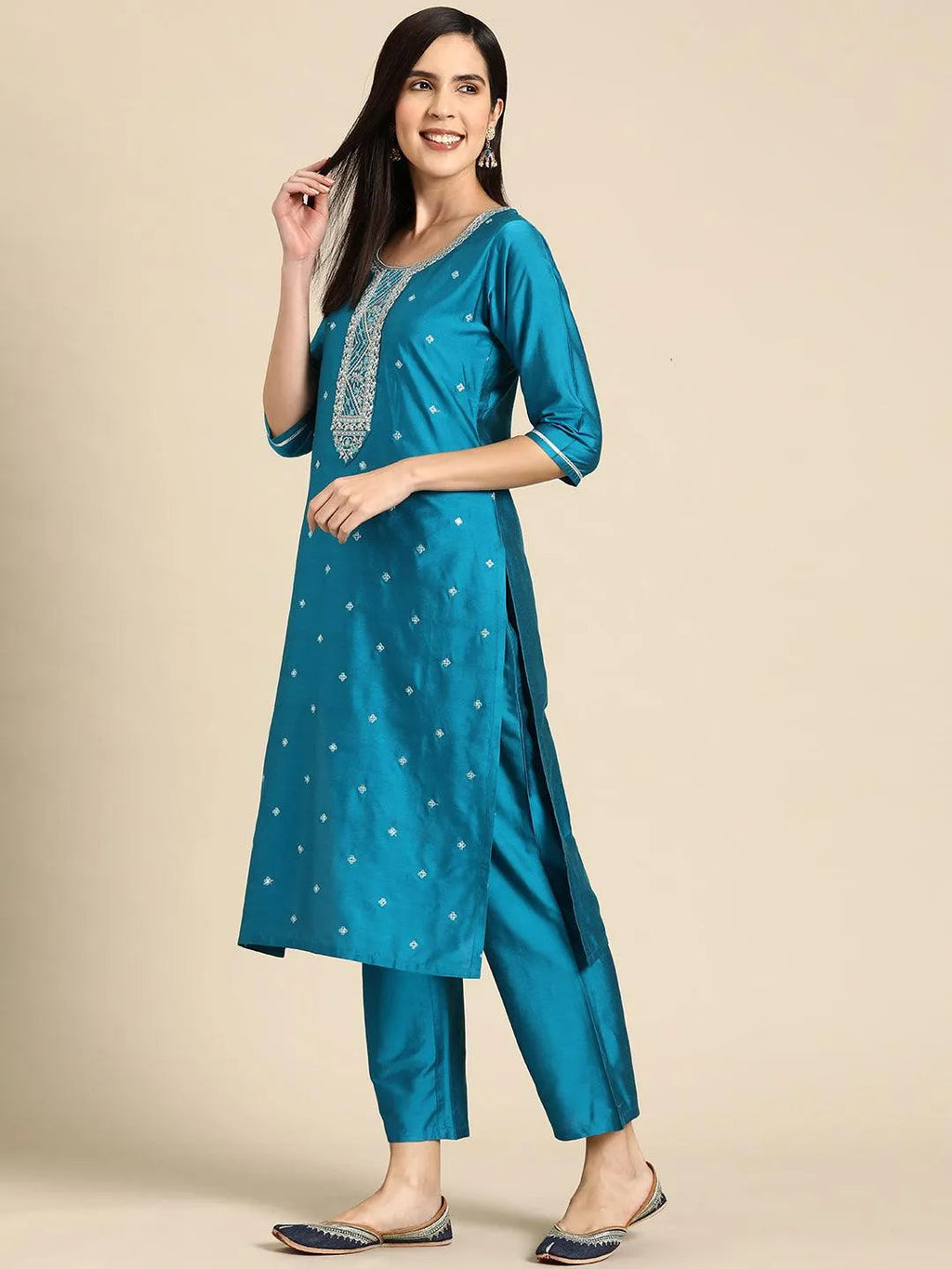 Gerua Blue Yoke Design Silk Blend Straight Suit With Dupatta
