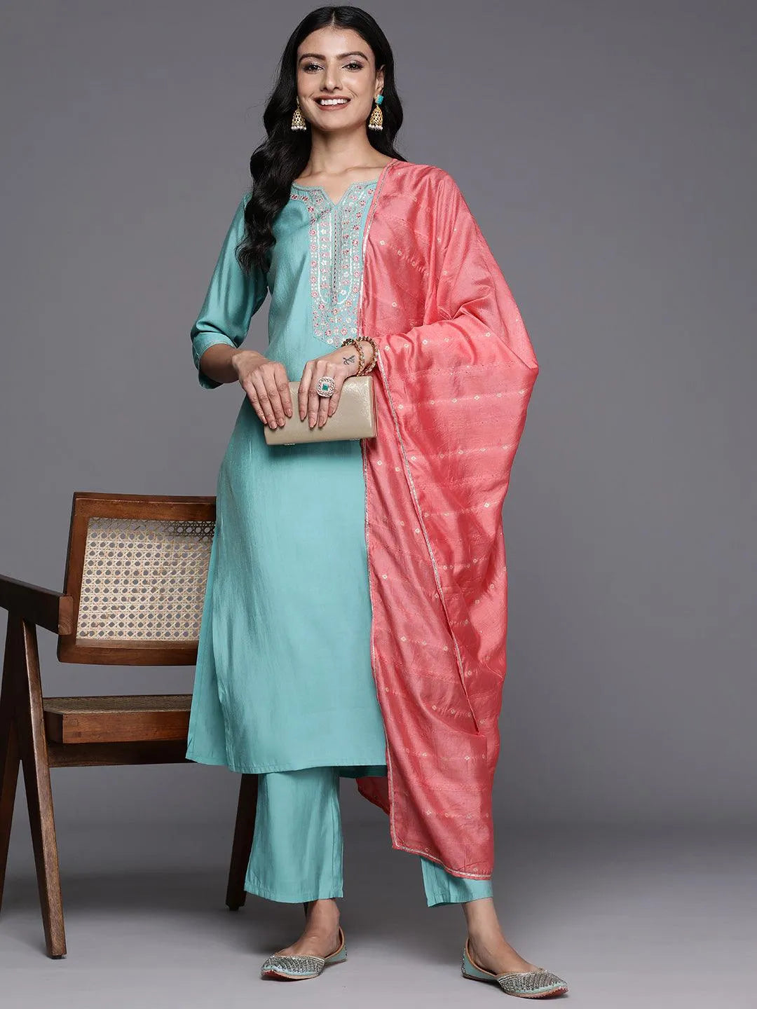 Gerua Blue Yoke Design Silk Blend Straight Suit With Dupatta