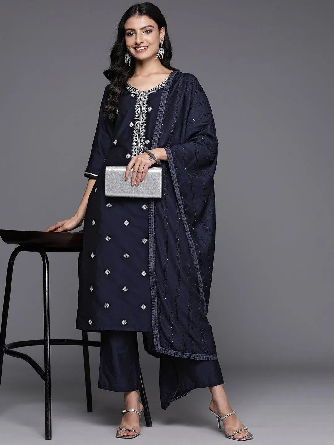 Gerua Blue Yoke Design Silk Blend Straight Suit With Dupatta