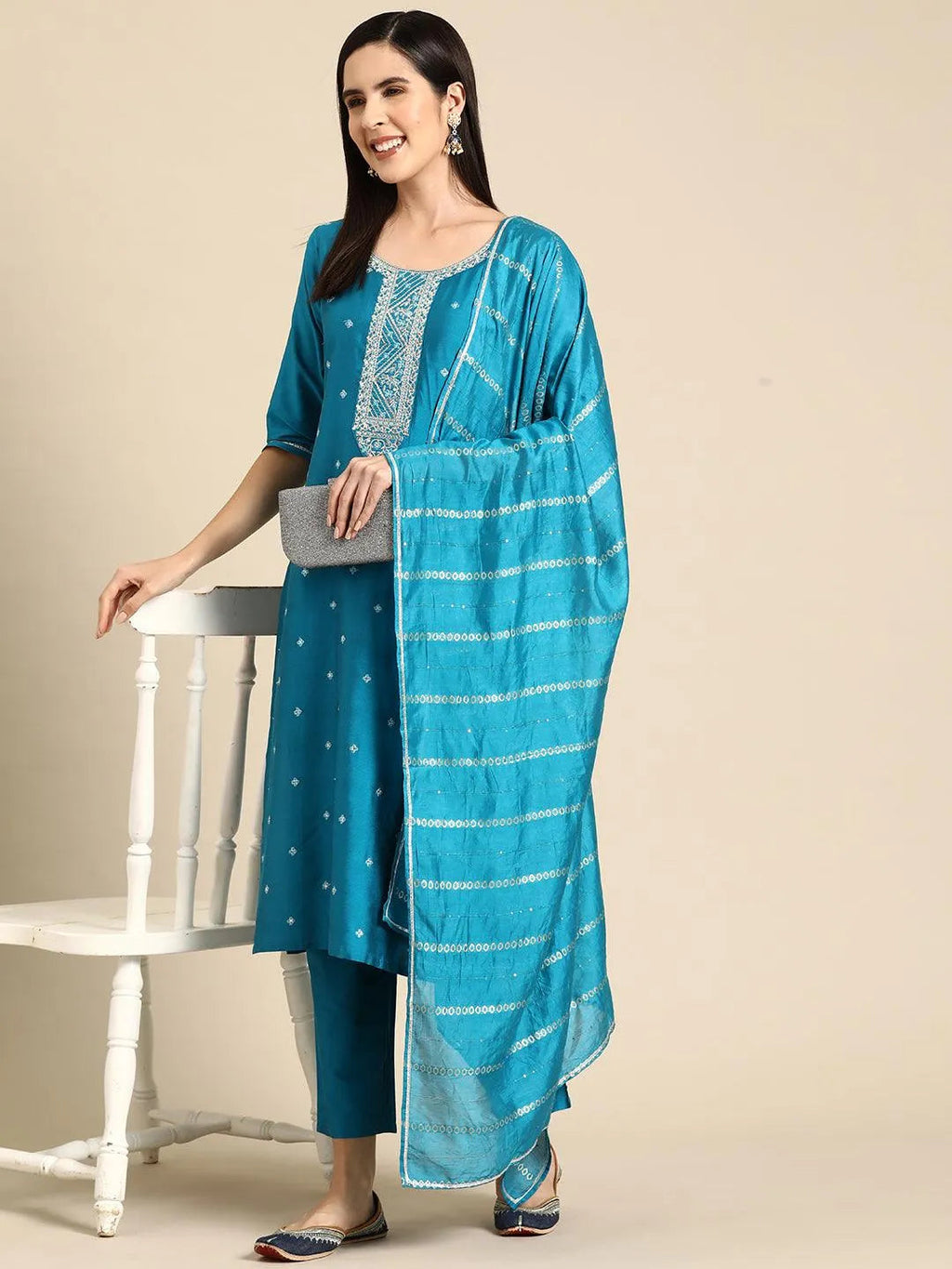 Gerua Blue Yoke Design Silk Blend Straight Suit With Dupatta
