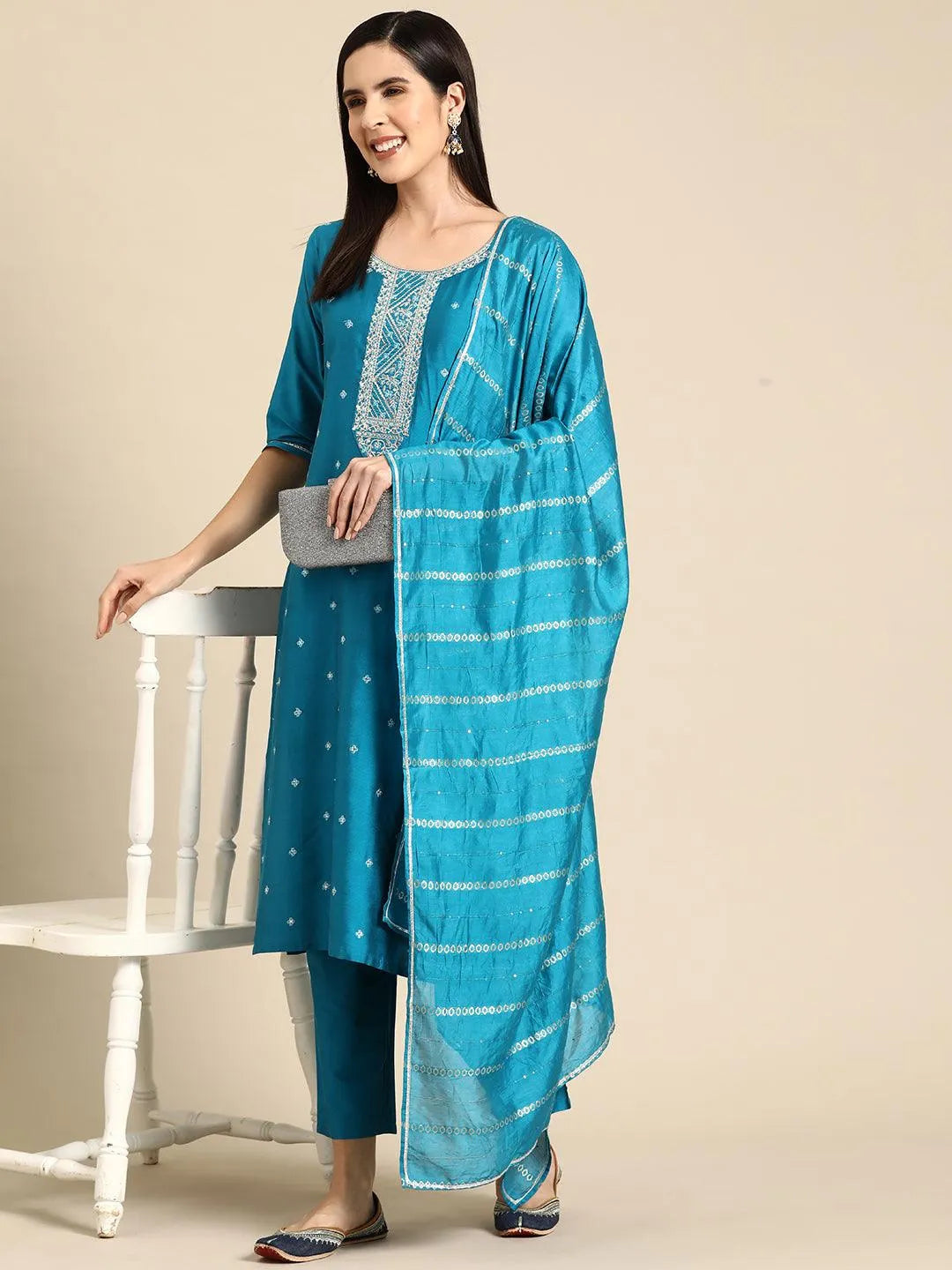 Gerua Blue Yoke Design Silk Blend Straight Suit With Dupatta